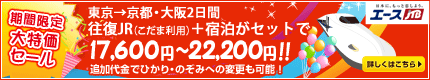 新春大特価セール 東京→京都・大阪2日間 往復JR(こだま利用)+宿泊がセットで18,600円〜19,800円!