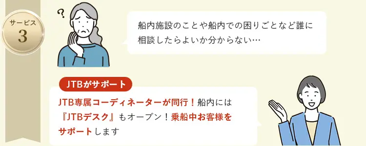 JTBサポート　サービス３　JTB専属コーディネーターが同行！船内には『JTBデスク』もオープン！乗船中お客様をサポートします