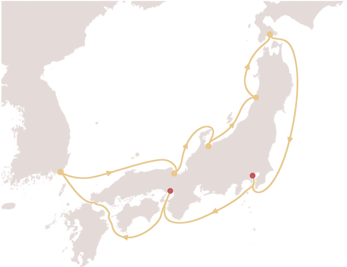 横浜から神戸・釜山・舞鶴・富山・酒田・函館をめぐり東京へ至る航路図