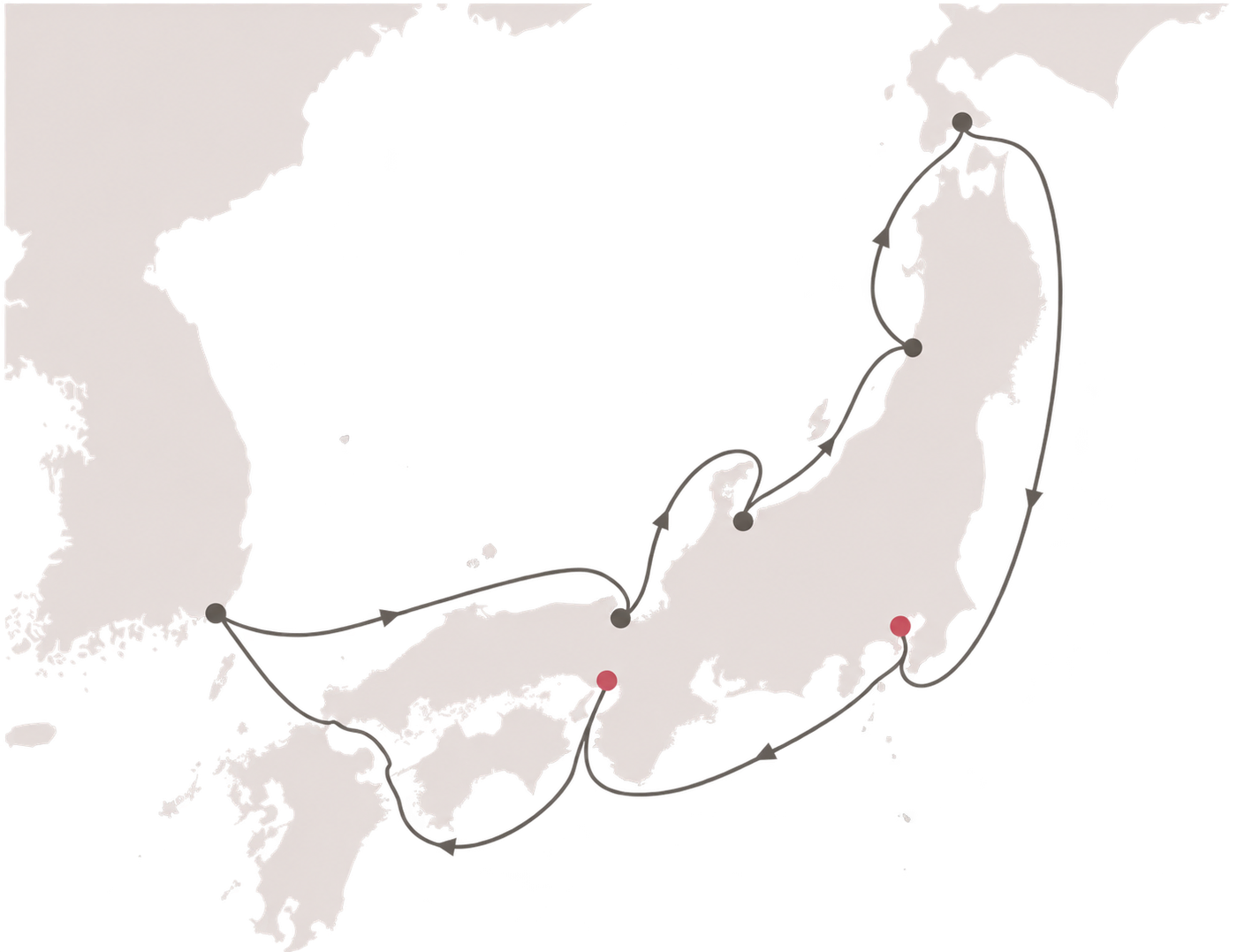 横浜から神戸・釜山・舞鶴・富山・酒田・函館をめぐり東京へ至る航路図