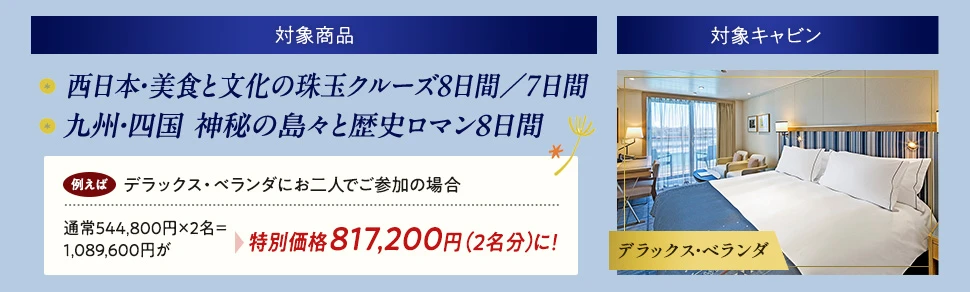 対象商品 西日本・美食と文化の珠玉クルーズ８日間 九州・四国神秘の島々と歴史ロマン 対象キャビン デラックスベランダ ペントハウス・ベランダ ペントハウス・ジュニアスイート エクスプローラー・スイート
