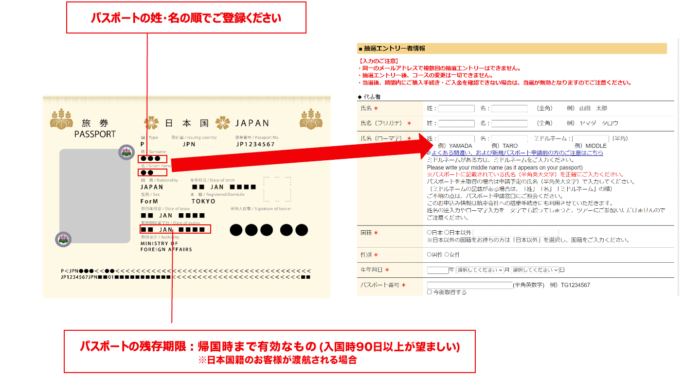 パスポートの姓・名の順でご登録ください。パスポートの残存期限：帰国時まで有効なもの（入国時90日以上が望ましい）。※日本国籍のお客様が渡航される場合。