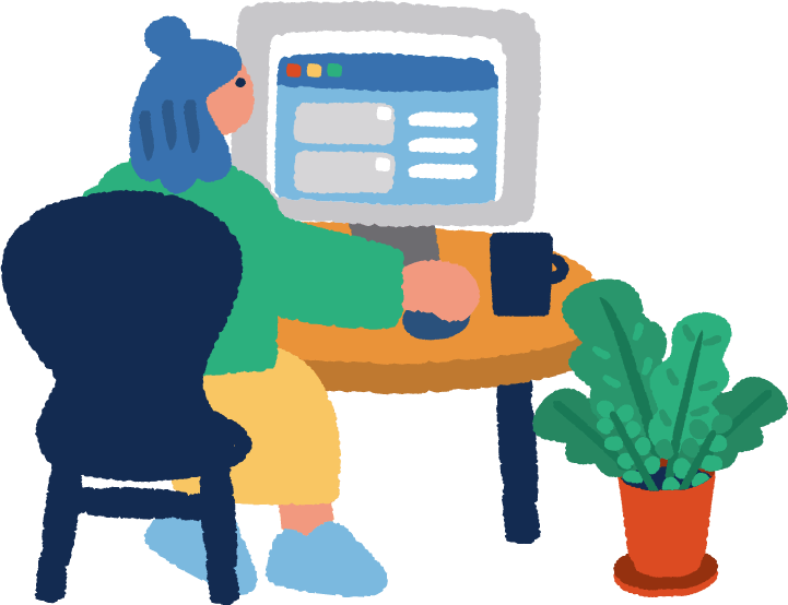 社員旅行をネットで探そうとモニターの前に座っている女性のイラスト