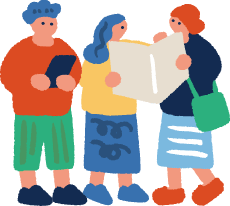 旅行中の3人グループのイラスト