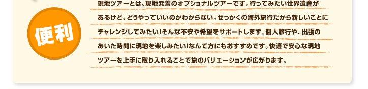 ���n�c�A�[�Ƃ́A���n�����̃I�v�V���i���c�A�[�ł��B�s���Ă݂������E��Y�����邯�ǁA�ǂ�����Ă����̂��킩��Ȃ��B���������̊C�O���s������V�������ƂɃ`�������W���Ă݂����I����ȕs�����]���T�|�[�g���܂��B�l���s��A�o���̂��������ԂɌ��n���y���݂����I�Ȃ�ĕ��ɂ��������߂ł��B���K�ň��S�Ȍ��n�c�A�[�����Ɏ�����邱�Ƃŗ��̃o���G�[�V�������L����܂��B