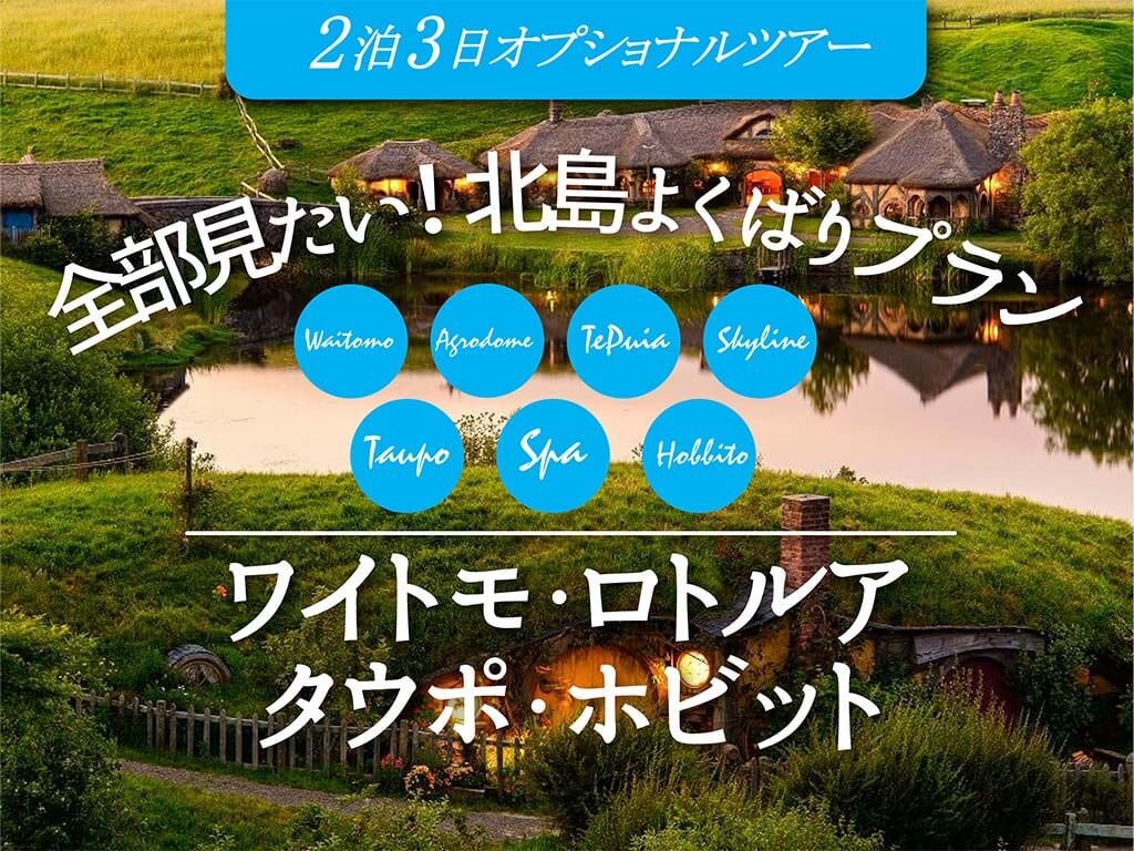 ★全部見たい！北島よくばりプラン★   ワイトモ・ロトルア・タウポ・ホビット  ２泊３日ツアー お得なおススメオプション付き