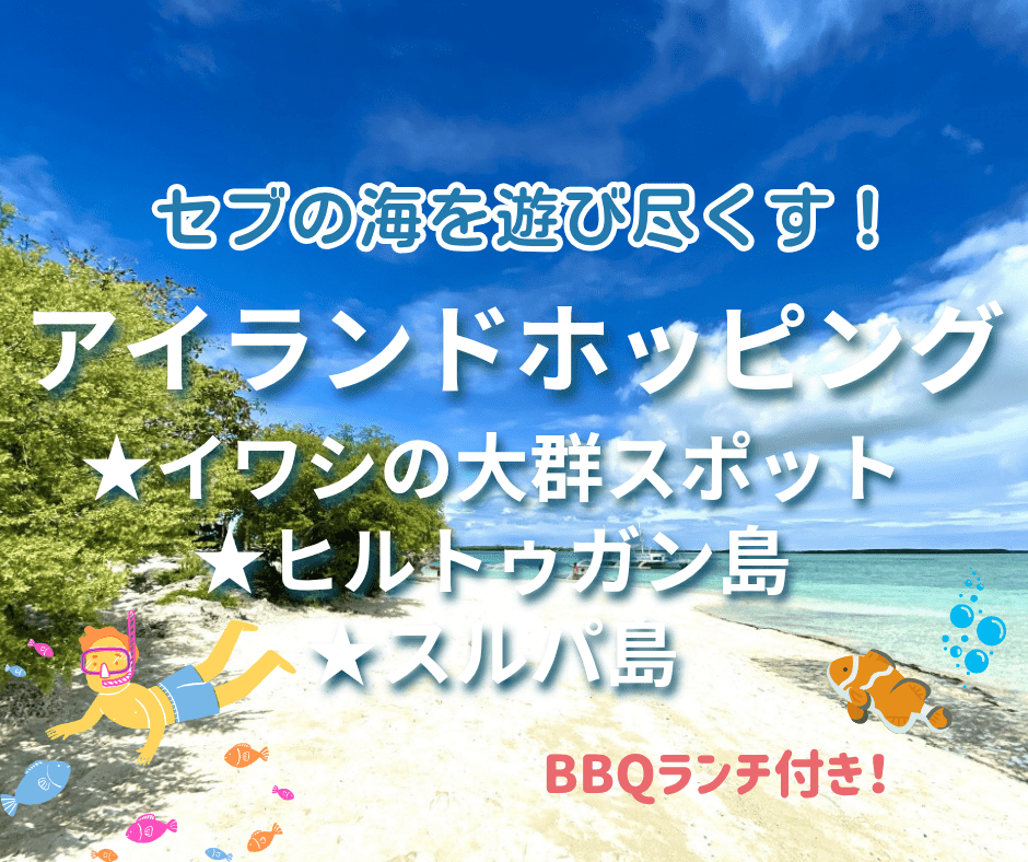 【アイランドホッピング】ヒルトゥガン島の海洋保護区、スルパ島にてシュノーケリング♪マクタン島のイワシの大群スポットへ！