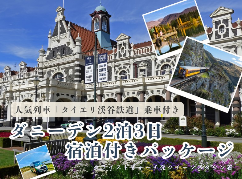 人気列車「タイエリ渓谷鉄道」乗車付き！ダニーデン観光2泊3日宿泊付きパッケージ  クライストチャーチ発クイーンズタウン着