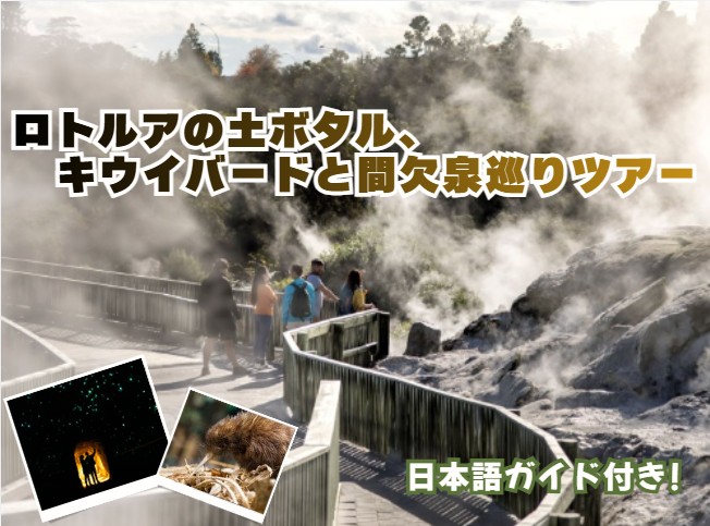 ロトルアの土ボタル、キウイバードと間欠泉巡りツアー（日本語ガイド付き）　