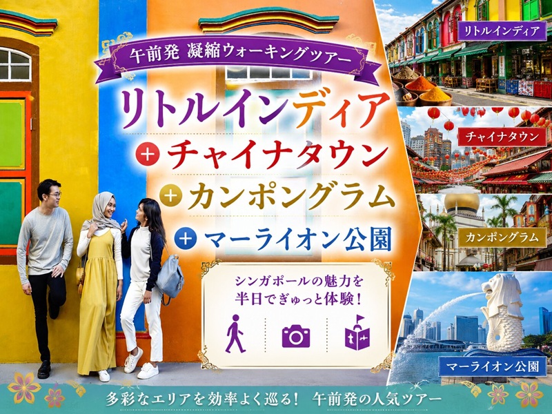 【午前発凝縮ウォーキングツアー】リトルインディア＋チャイナタウン＋カンポングラム+マーライオン公園 *EZリンクカード付