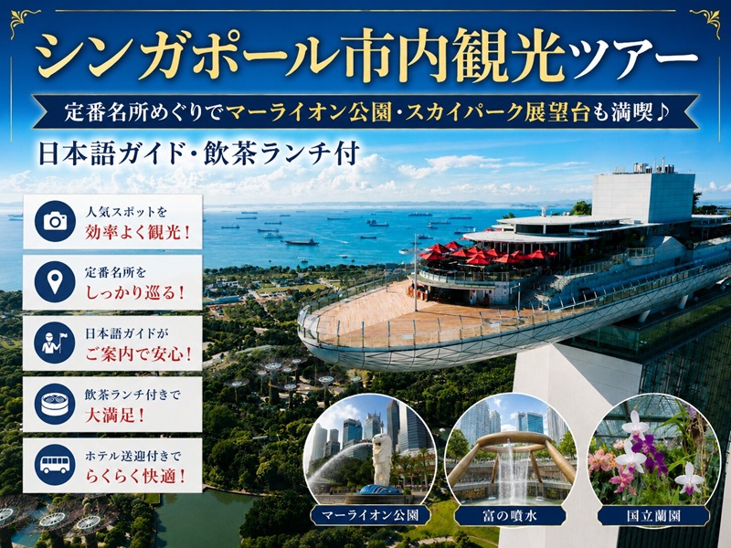 シンガポール市内観光ツアー｜定番名所めぐりでマーライオン公園・スカイパーク展望台も満喫♪／日本語ガイド・飲茶ランチ付