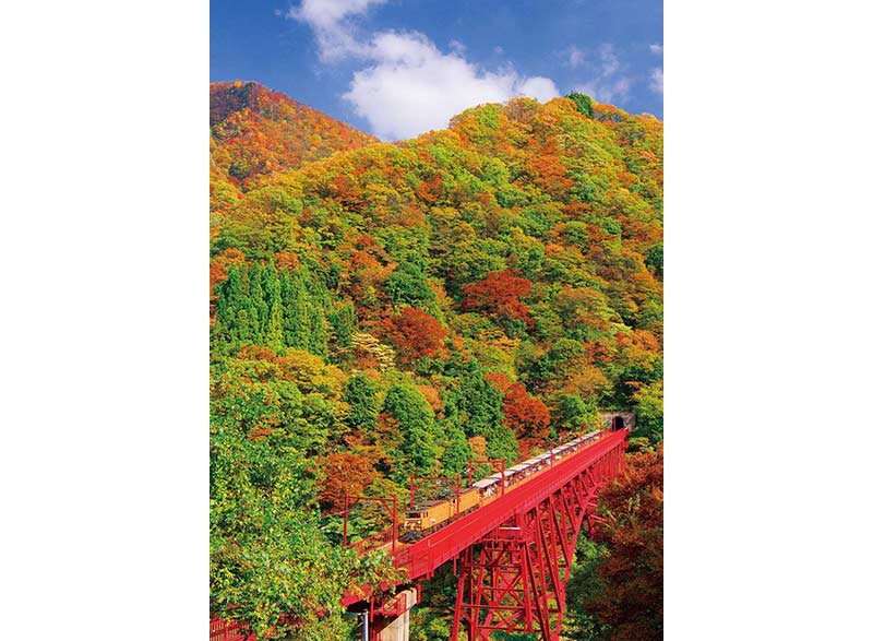 真っ赤な橋が燃える山肌に映える Br 黒部峡谷トロッコ電車と紅葉 日本の絶景 Jtb 感動の瞬間 とき
