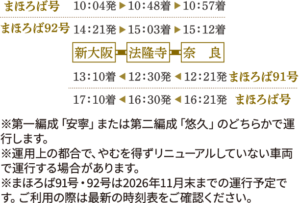 画像：運行時間　まほろば号　新大阪10時04分発　法隆寺10時48分着　奈良10時57分着。　まほろば92号　新大阪14時21分発　法隆寺15時03分着　奈良15時12分着　まほろば91号　奈良12時21分発　法隆寺12時30分着　新大阪13時10分着　まほろば号　奈良16時21分発　法隆寺16時30分着　新大阪17時10分着　※第一編成「安寧」または第二編成「悠久」のどちらかで運行します。※運用上の都合で、やむを得ずリニューアルしていない車両で運行する場合があります。※まほろば91号・92号は2026年11月末までの運行予定です。