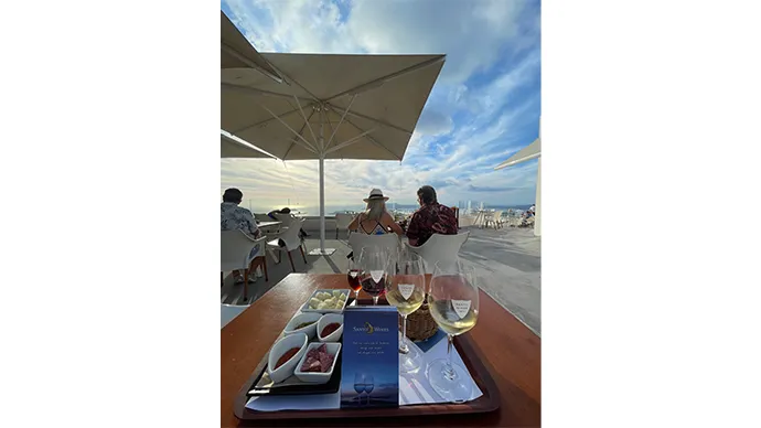 （手前から）①辛口白ワイン＜Santorini Assyrtiko＞【アシルティコ100％。サントリーニ島ではアシルティコが最も生産量が多く、レモンやシトラス等の柑橘系の香りが特徴で酸味と少しの苦味がある爽やかなワイン】②辛口白ワイン＜Santorini Nykteri＞【アシルティコ85％・アシリ10％・アイダニ5％のブレンドして造られたワイン。花の香りが広がり、青リンゴや洋梨等フルーティーな味わいのワイン】③辛口赤ワイン＜Santrini Kameni＞【マンディラリア100％。チェリー等の赤身フルーツをほのかに感じるワイン】④デザートワイン＜Vinsanto＞【アシルティコ85％・アイダニ15％。非常に甘く濃厚で、少しとろみがあります。】