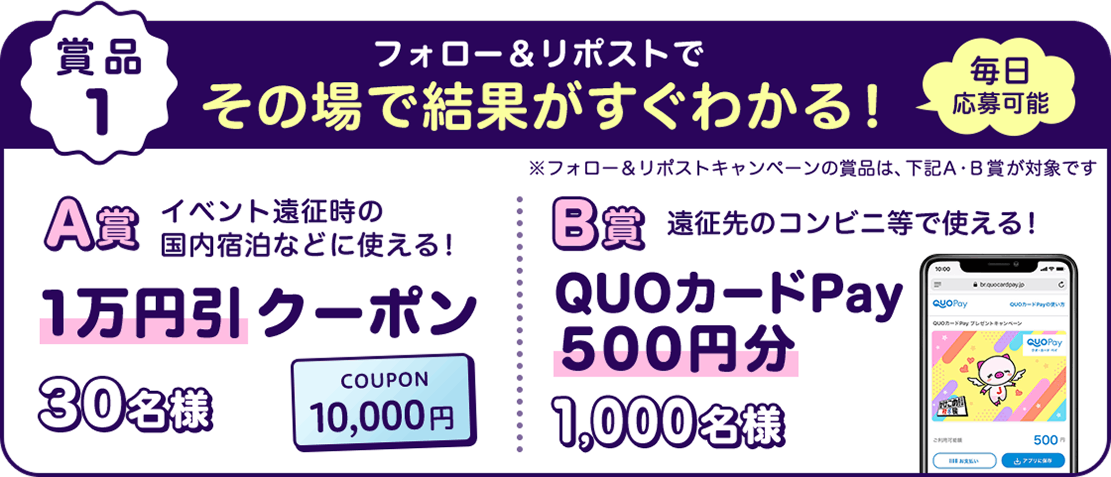 賞品1 1万円引クーポン30名様、QUOカードPay500円分1,000名様