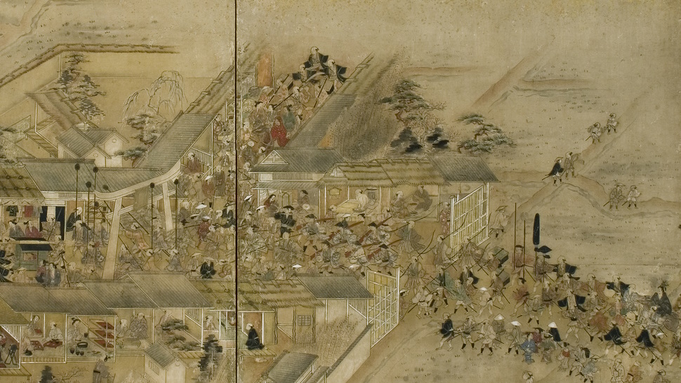 うどんを打つ様子が描かれた屏風絵の一部