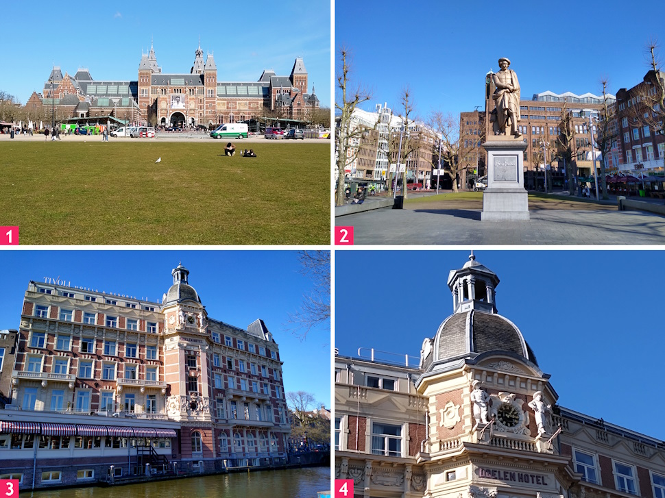 アムステルダム国立美術館、レンブラント広場、ティボリ・ドーレン・アムステルダム・ホテル、ホテルの塔時計の両脇には火縄銃手の像が立っている