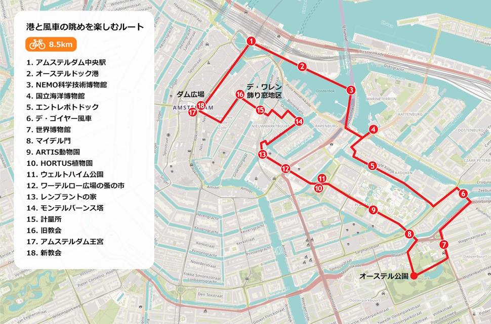 港と風車の眺めを楽しむルート