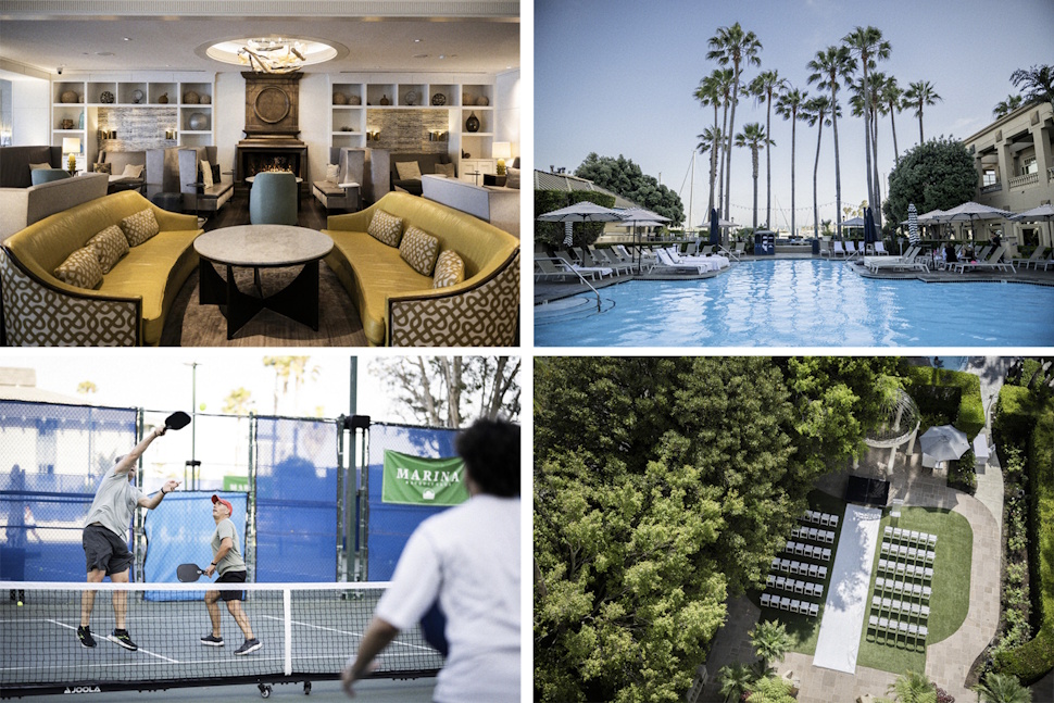 中庭には米国で流行のピックルボールを楽しめるコート（左下）やウェディングのできる庭園もある（右下）