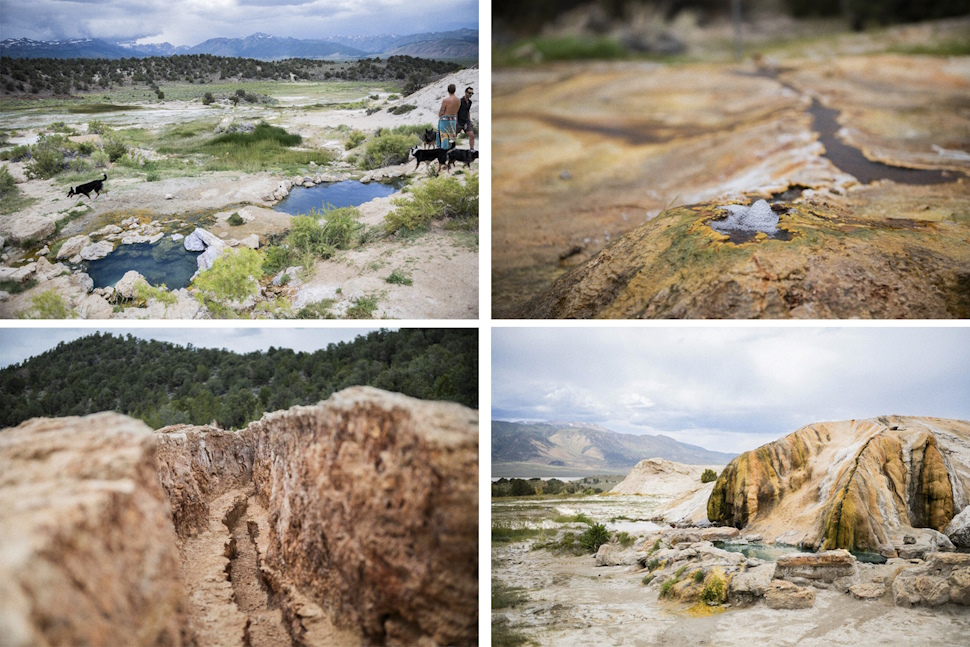 大小幾つかの温泉があり、源泉が湧き出ているところ（右上）や水路（左下）も見られる