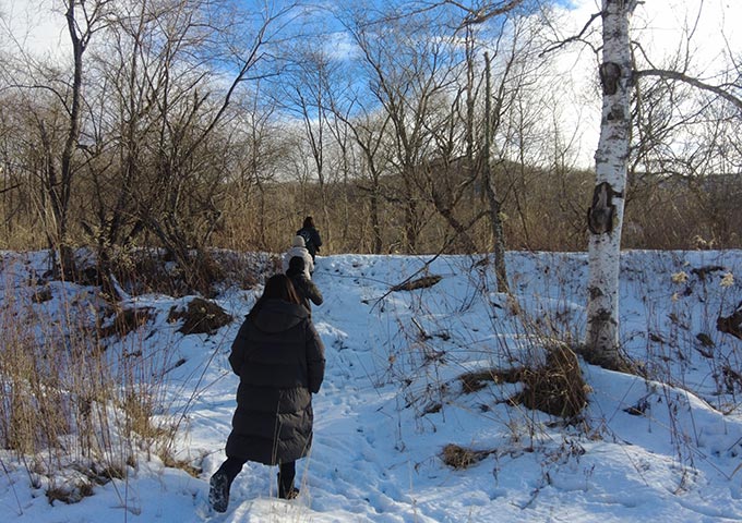 タンチョウ生息地の阿寒川岸に到着