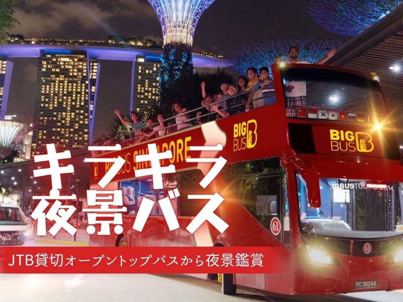 【キラキラ夜景バス】JTB貸切オープントップバスから夜景鑑賞＋ガーデンズバイザベイの「ガーデン・ラプソディ」鑑賞＋マーライオン公園