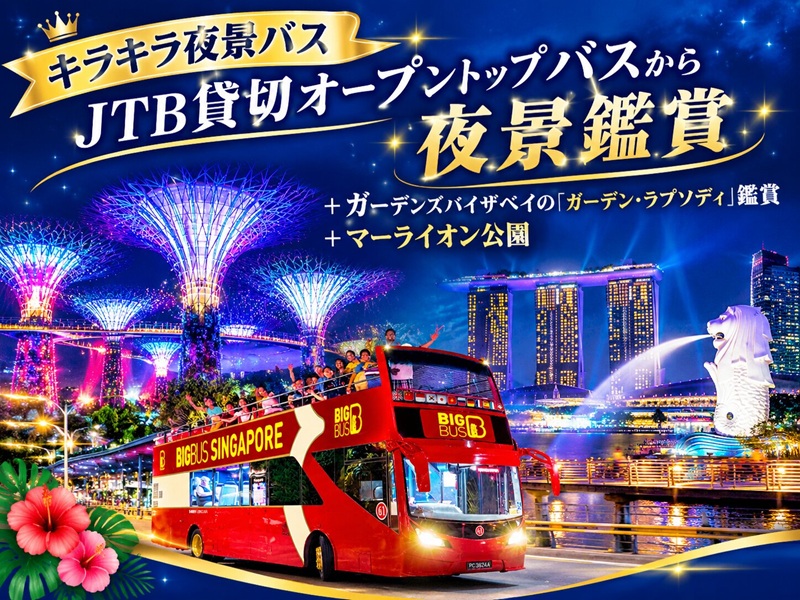 【キラキラ夜景バス】JTB貸切オープントップバスから夜景鑑賞＋ガーデンズバイザベイの「ガーデン・ラプソディ」鑑賞＋マーライオン公園