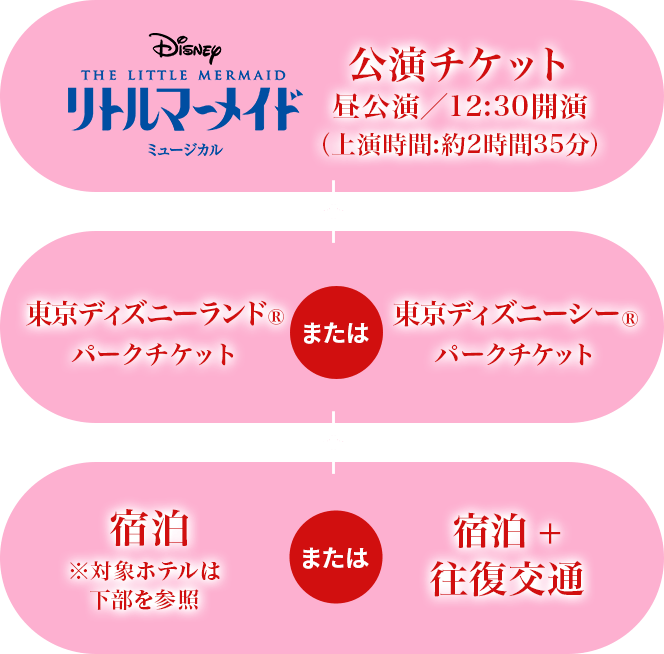 公演チケット 昼公演／12:30開演（上演時間：約2時間35分） 東京ディズニーランド® パークチケット または 東京ディズニーシー® パークチケット 宿泊 ※対象ホテルは下部を参照 または 宿泊 ＋ 往復交通