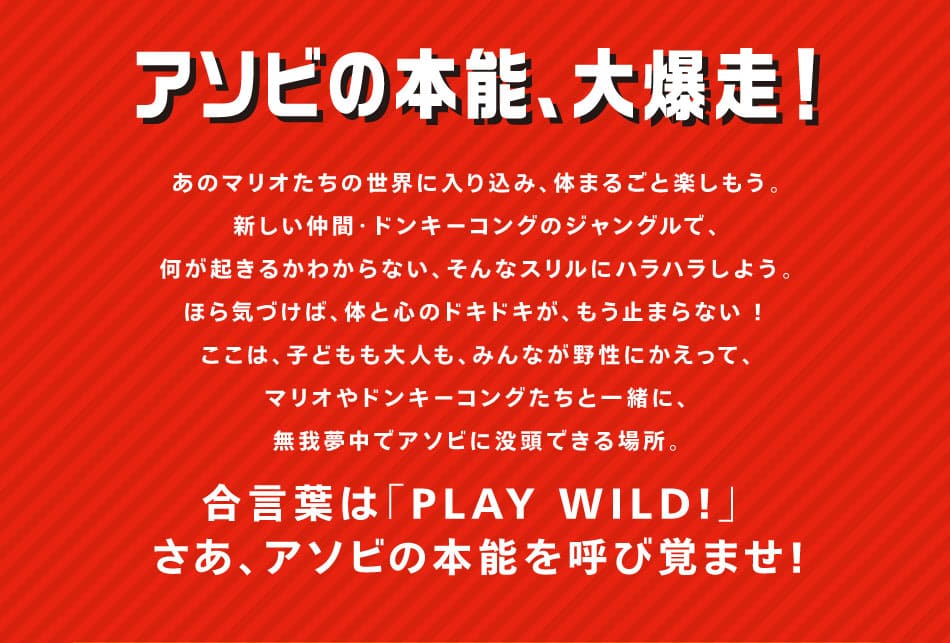アソビの本能、大爆走！ あのマリオたちの世界に入り込み、体まるごと楽しもう。新しい仲間・ドンキーコングのジャングルで、何が起きるかわからない、そんなスリルにハラハラしよう。ほら気づけば、体と心のドキドキが、もう止まらない！ ここは、子どもも大人も、みんなが野生にかえって、マリオやドンキーコングたちと一緒に、無我夢中でアソビに没頭できる場所。合言葉は「PLAY WILD!」さあ、アソビの本能を呼び覚ませ！